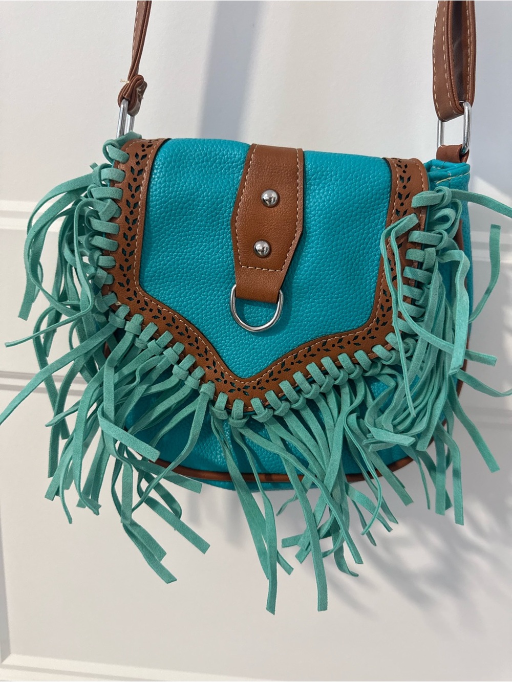 Turquoise Fringe Crossbody Bag with Brown Trim